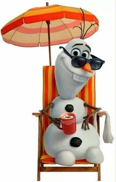 a cartoon character sitting in a chair with an umbrella over his head and holding a drink