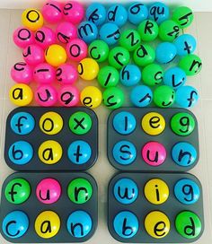 the letters and numbers are arranged in rows on top of each other, with different colored balls