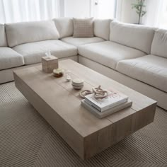 a living room with a couch, coffee table and other items on the carpeted floor