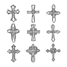 six crosses drawn in black and white on a white background - miscellaneous objects / objects illustrations