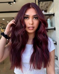 Burgundy Underneath Hair, Dark Red Auburn Hair, Pale Skin Hair Color Blue Eyes, Blonde Hair With Burgundy, Hairstyle Thick Hair, Raspberry Hair Color, Burgundy Hair Colors, Red Auburn Hair, Dark Cherry Hair