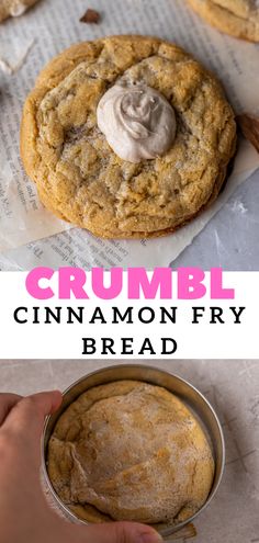 a close up of a person holding a cookie in front of the camera and another image with text overlay that reads crumbl cinnamon fry bread