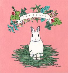 a drawing of a white rabbit sitting in the grass