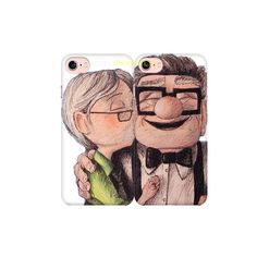 an iphone case with two cartoon characters holding each other's hands and looking at the camera