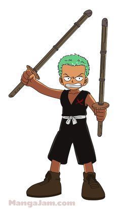 a cartoon character with green hair holding two large wooden sticks in one hand and a cane in the other