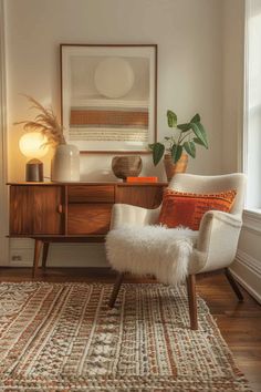 a living room with a chair and rug