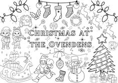 christmas at the ovendens coloring page for adults and children with snowman, santa claus