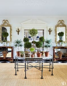 there are many potted plants on the tables in this room with mirrors and chandeliers