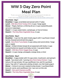 a menu with the words w3 - day zero points meal plan written in purple