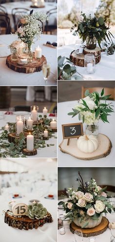 the table is decorated with candles, flowers and succulents