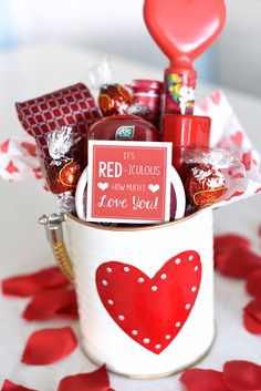 a valentine's day gift basket in a cup