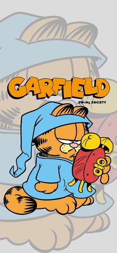 the garfield bear is holding a teddy bear in his arms and wearing a blue hoodie