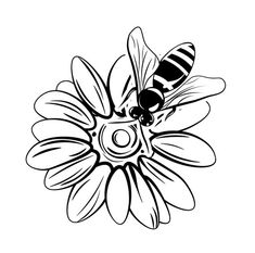 a black and white drawing of a bee sitting on top of a flower with its eyes closed