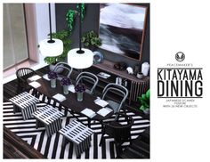 a dining room with black and white striped chairs