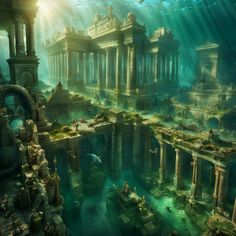 an underwater city with many pillars and columns