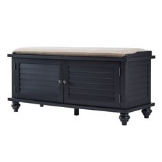 an outdoor storage bench with a cushion on it's top and black legs, against a white background