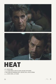 the movie poster for heat with two men in suits and one is staring at something