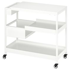 a white cart with two drawers and wheels on the bottom one shelf is open, while the other drawer is closed