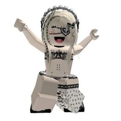 a lego girl with her arms outstretched and eyes closed, standing in front of a white background