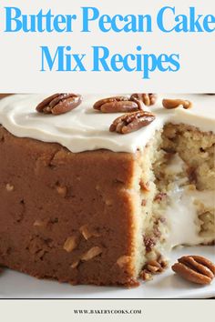 a close up of a cake with frosting and pecans on the top,