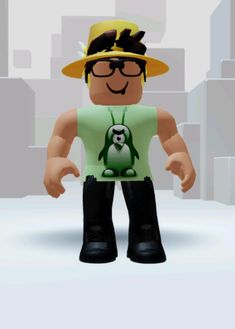 a lego man wearing a yellow hat and green t - shirt in front of a cityscape