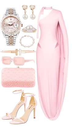 a woman's pink dress and accessories including shoes, bracelets, watch and necklace