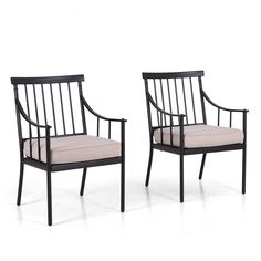 two black chairs with beige cushions sit side by side on a white background, one is facing away from the camera