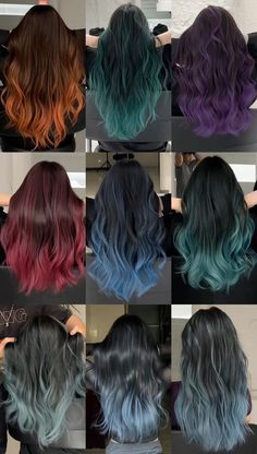 Hair Colour Ideas Ombre, Hair Colour Styles Highlights, Dyed Hair Tips Blonde, Long Hair Colors Ideas, Tie And Dye Hair, Color Dyed Hair Ideas For Brunettes, Aesthetic Hair Colour Ideas, Unique Hair Dye Patterns, Colored Balayage Hair