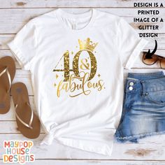 This stylish and comfortable women's t-shirt is the perfect birthday gift for any woman celebrating her 40th year. It features a classic fit and a trendy design that will surely make her feel special on her big day. Whether she's going out for a fancy dinner or celebrating with friends and family at home, this t-shirt is the perfect addition to her wardrobe and will make her feel confident and stylish. PLEASE NOTE: This is a printed image of a glitter design. No actual glitter is used. All items 40 Birthday Shirt, Woman Celebrating, Fortieth Birthday, Family At Home, Birthday Tanks, 40 Birthday, 40 And Fabulous, Forty Birthday, 40th Birthday Shirts