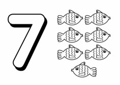 the number seven with nine fish in it and five smaller ones behind it, which are black and white