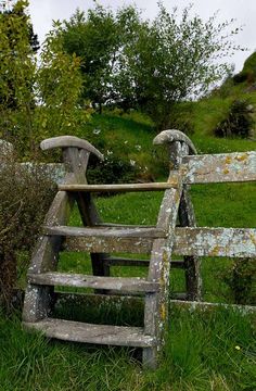 an old wooden bench sitting in the grass