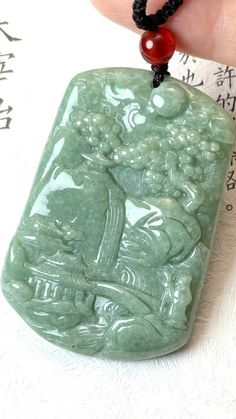 Authentic Green Jade Painting Scene Necklace, Chinese Carving Charm Pendant Jewelry, Handcrafted Tree Mountain River Jadeite, Women Men Gift #jade #jadeite #pendant #carving #traditional #jewelry #chinese #jewelry #landscape Scene Necklace, Green Pendant Light, Carving Jewelry, Tree Mountain, Mountain River, Personalized Pendant