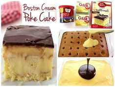 boston cream poke cake with chocolate toppings and other dessert items in the foreground