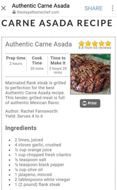 the recipe for carne asada is shown in this screenshote screen shot