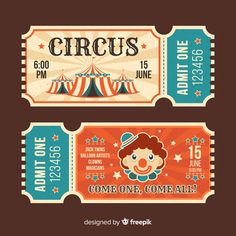 two circus ticket templates with clown face on the front and one in the back