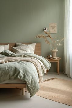 a bed sitting in a bedroom next to a window covered in green sheets and blankets