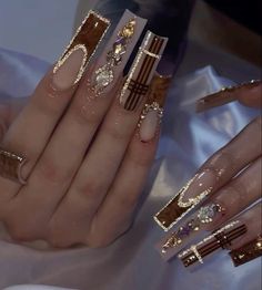 Brown Acrylic Nails, Punk Nails, Drip Nails, Gold Nail, Nails Design With Rhinestones, Glow Nails, Dope Nail Designs