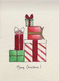 a christmas card with presents stacked on top of each other