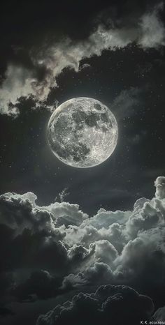 the moon is shining brightly in the night sky with clouds and stars around it,