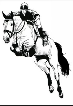 a black and white drawing of a jockey on a horse jumping over an obstacle course