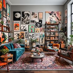 a living room filled with furniture and lots of pictures on the wall next to a window