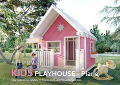 two children are playing in a small pink and white house with a rocking horse on the lawn