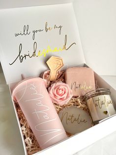 a box filled with personalized items for bridesmaid