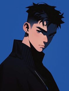 an anime character with black hair wearing a black jacket and looking at the camera while standing in front of a blue background