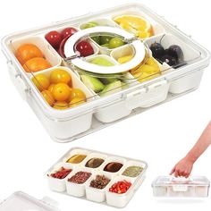 a plastic container filled with lots of different types of fruits and vegetables next to a person's hand