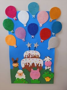 a birthday card with balloons and animals on it