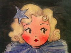 a painting of a girl with blonde hair and blue dress holding a star on her head