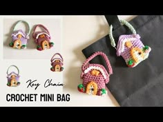 crochet mini purses and shoes are shown in three different styles, including one with