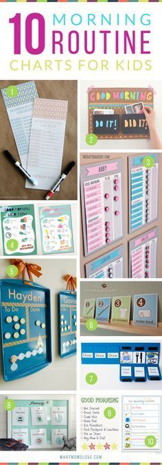 the top ten morning routine chart for kids is shown in this collage with text