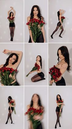 woman in black dress holding flowers and posing for photoshopped photo shoot with white background